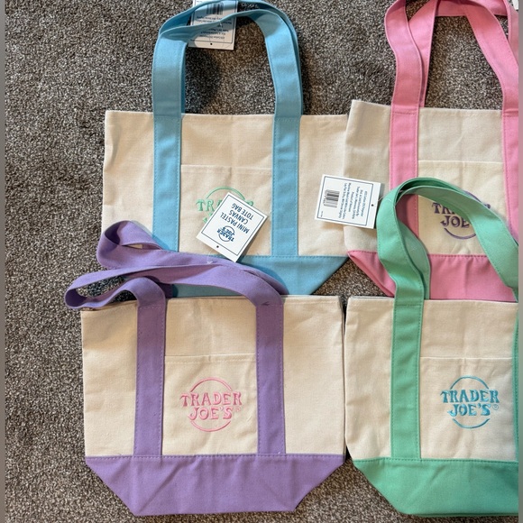 Trader Joe’s Canvas Tote Bag Set - Blue, Pink, Purple, Green - Picture 1 of 6